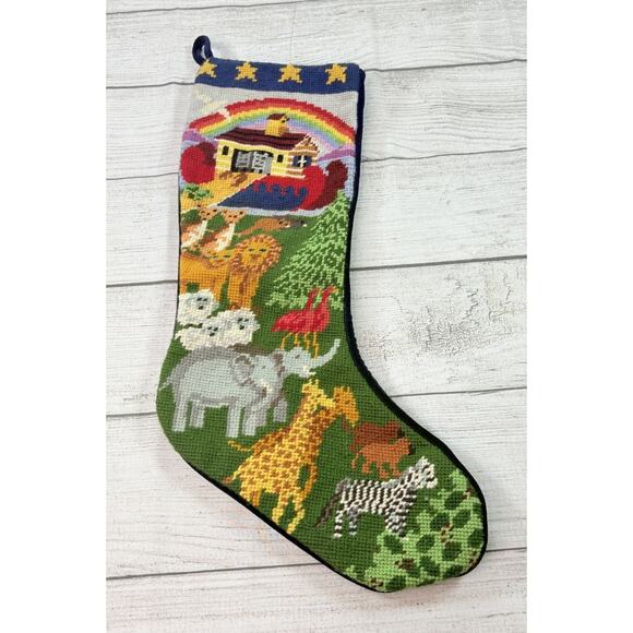 Vintage Noah's Ark Needlepoint Christmas Stocking Blue Velvet Back Rainbow - Picture 1 of 4